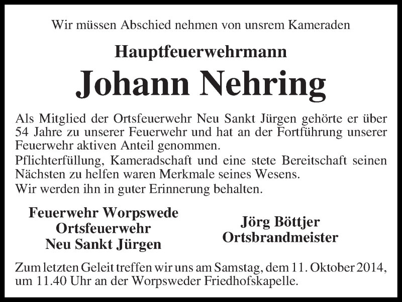 Traueranzeige von Johann Nehring von Wuemme Zeitung