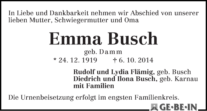 Traueranzeige von Emma Busch von WESER-KURIER