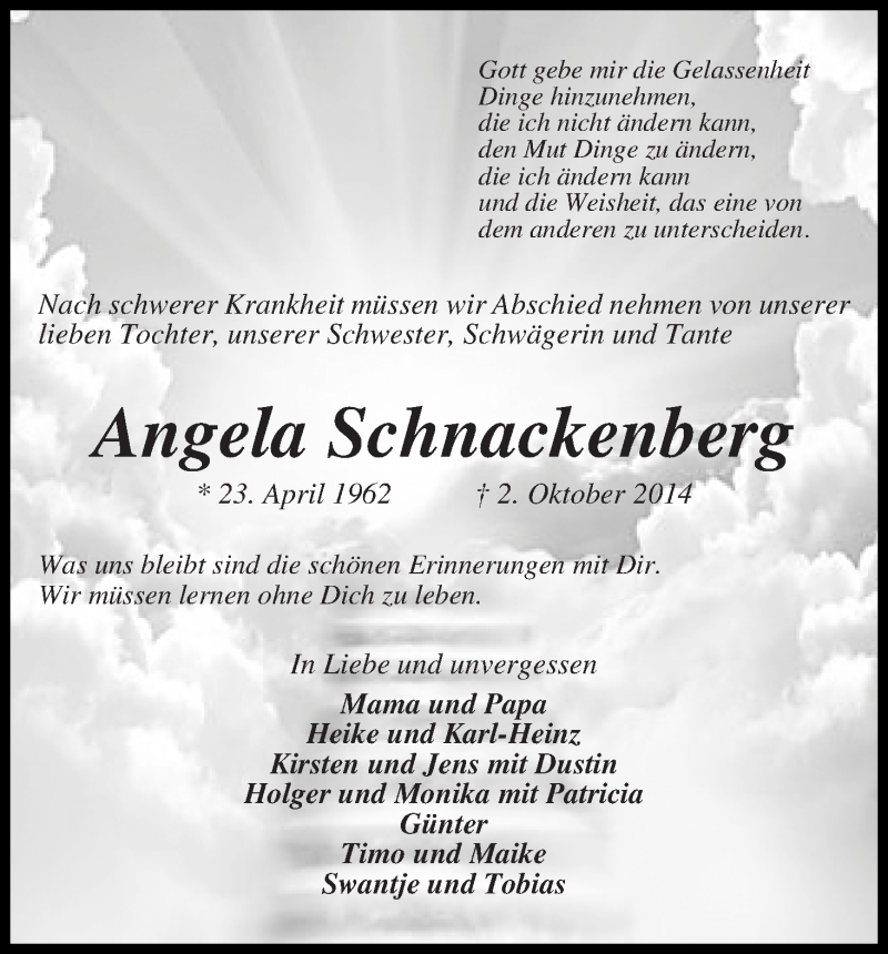  Traueranzeige für Angela Schnackenberg vom 08.10.2014 aus Wuemme Zeitung