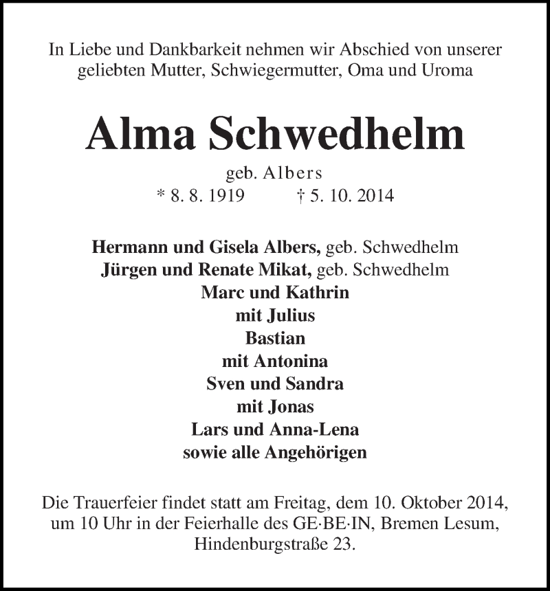 Traueranzeige von Alma Schwedhelm von WESER-KURIER