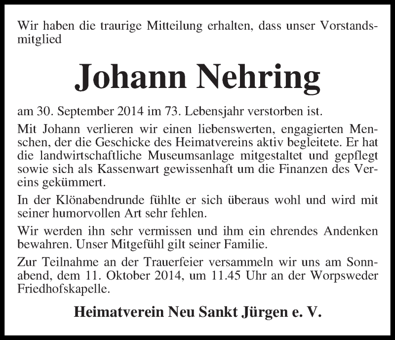 Traueranzeige von Johann Nehring von Wuemme Zeitung