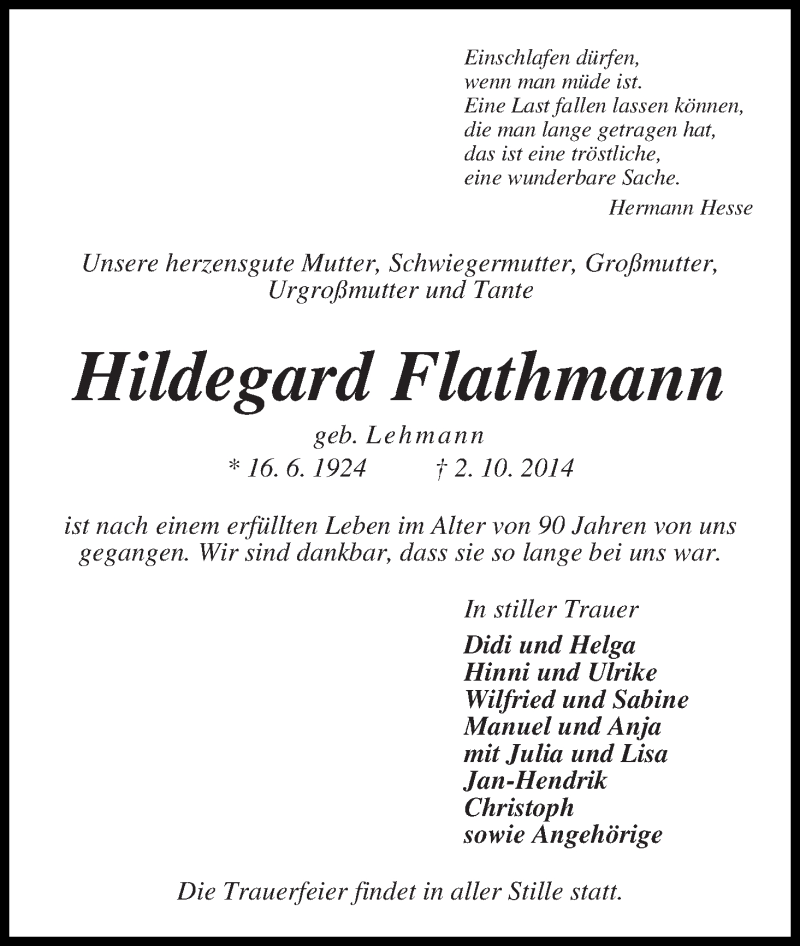Traueranzeige von Hildegard Flathmann von WESER-KURIER