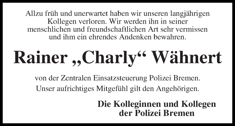  Traueranzeige für Rainer (Charly) Wähnert vom 08.10.2014 aus WESER-KURIER