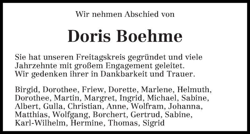 Traueranzeige von Doris Boehme von WESER-KURIER