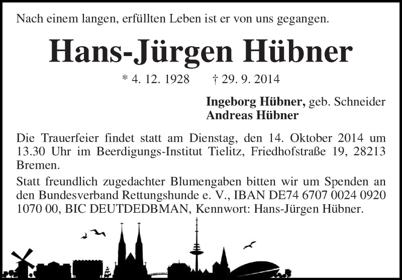 Traueranzeige von Hans-Jürgen Hübner von WESER-KURIER