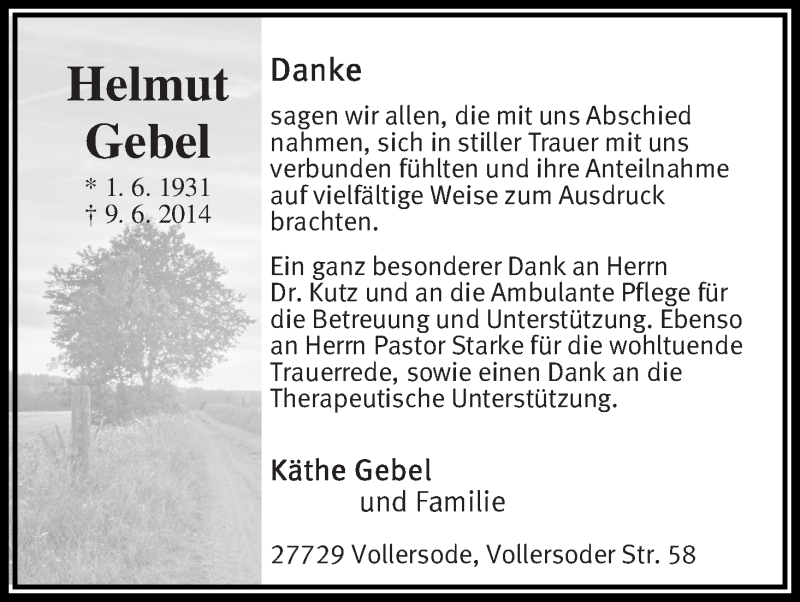 Traueranzeige von Helmut Gebel von Osterholzer Kreisblatt