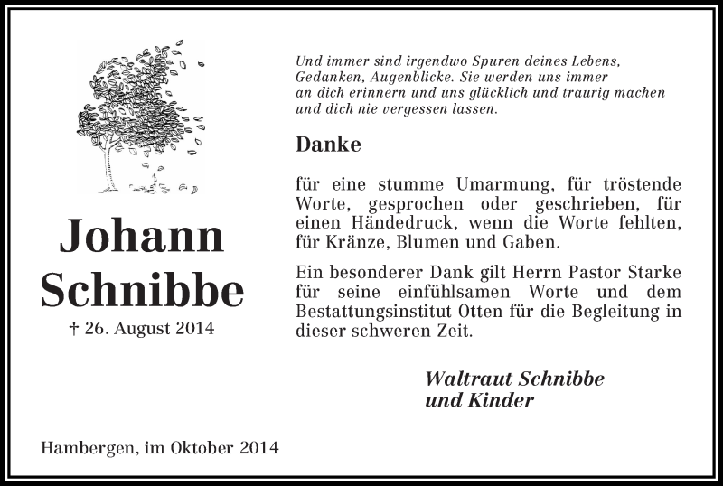 Traueranzeige von Johann Schnibbe von Osterholzer Kreisblatt