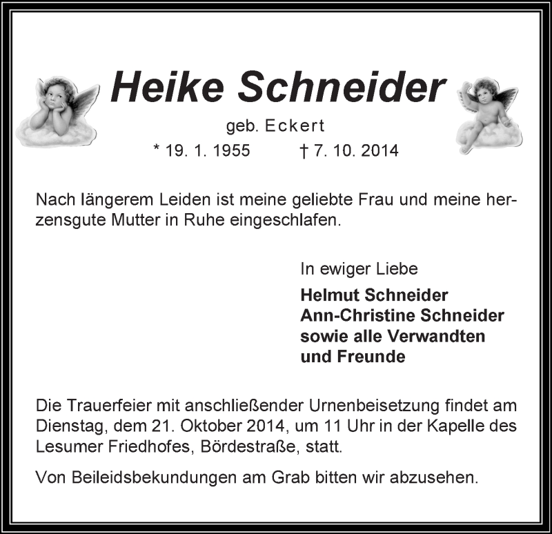  Traueranzeige für Heike Schneider vom 11.10.2014 aus Die Norddeutsche