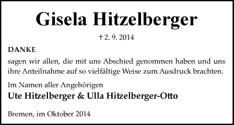 Traueranzeige von Gisela Hitzelberger von WESER-KURIER