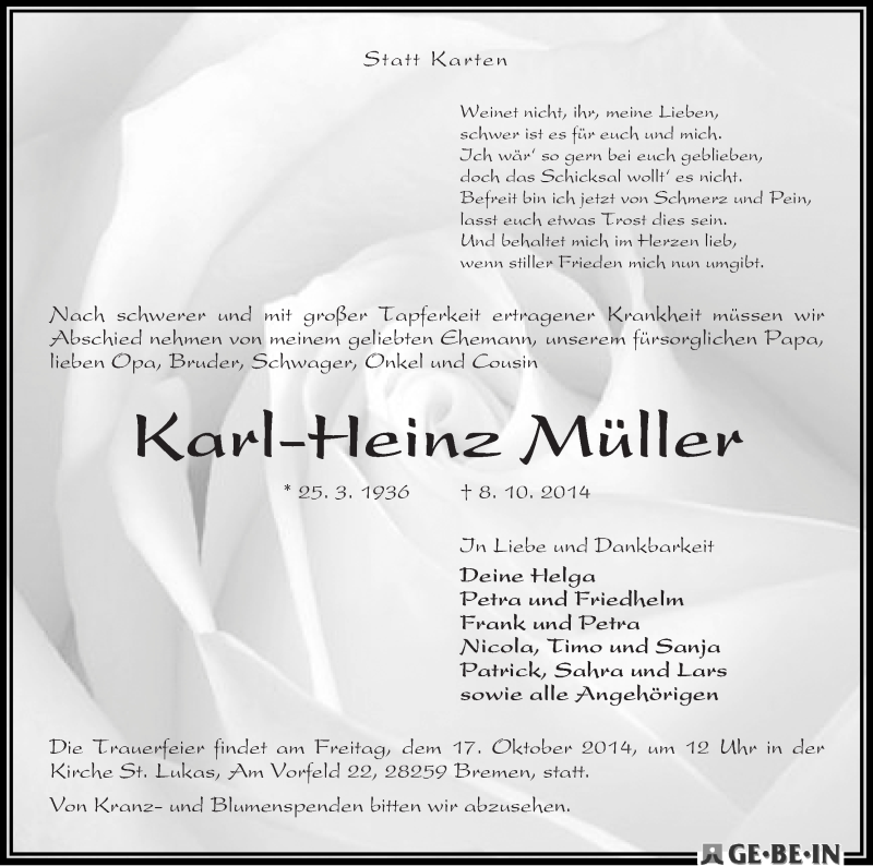 Traueranzeige von Karl-Heinz Müller von WESER-KURIER