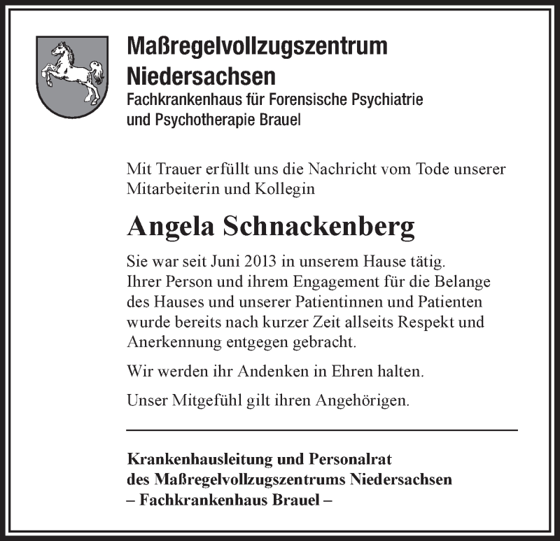  Traueranzeige für Angela Schnackenberg vom 10.10.2014 aus Wuemme Zeitung