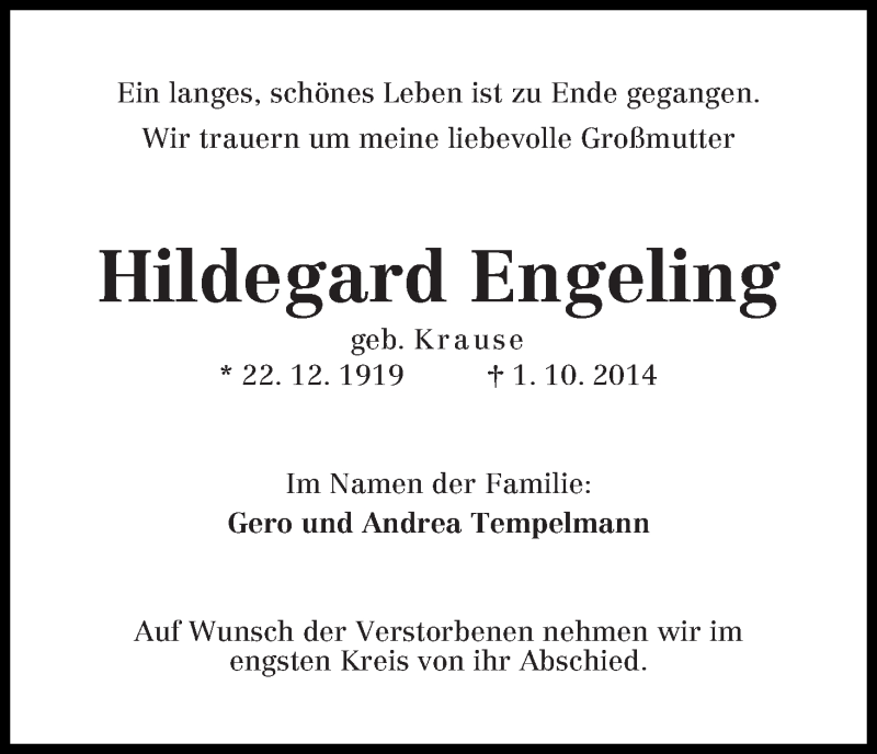 Traueranzeige von Hildegard Engeling von WESER-KURIER