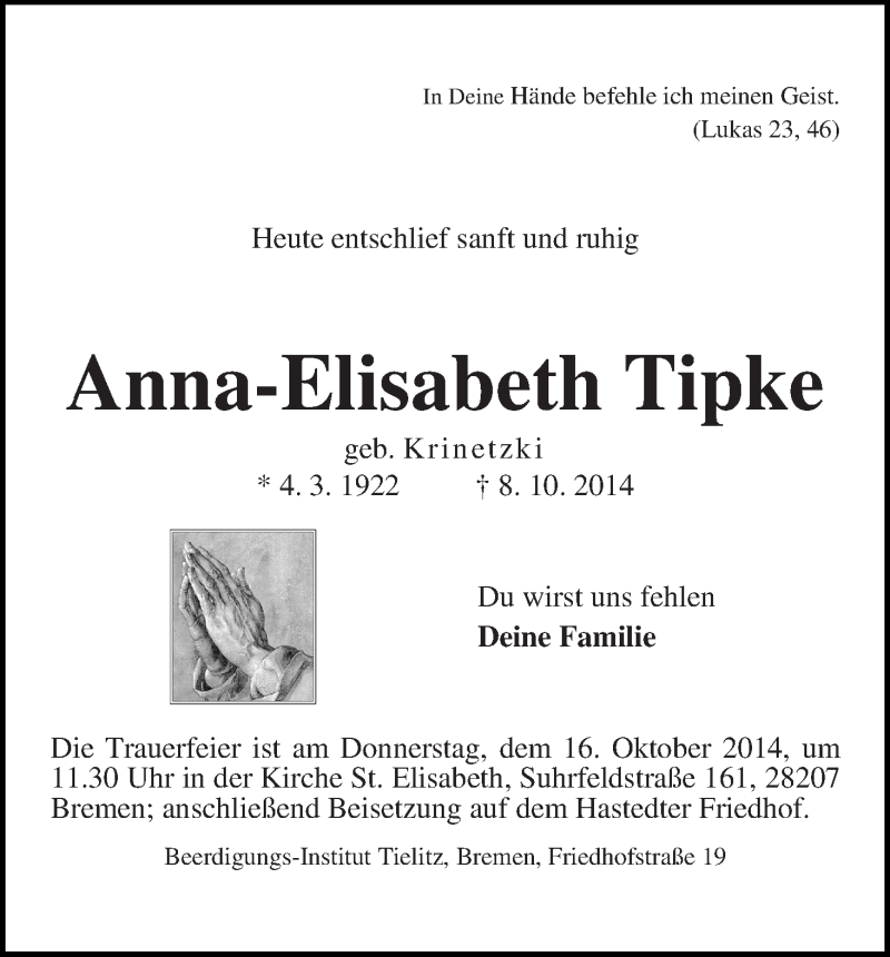 Traueranzeige von Anna-Elisabeth Tipke von WESER-KURIER