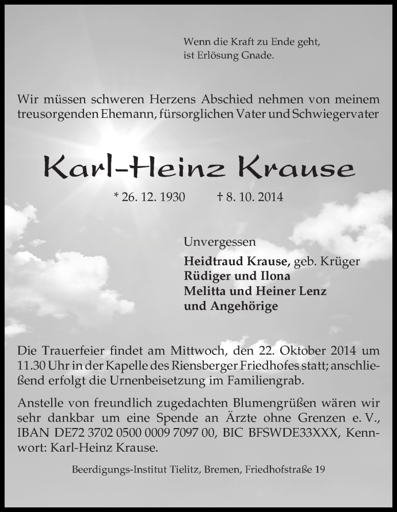 Traueranzeige von Karl-Heinz Krause von WESER-KURIER
