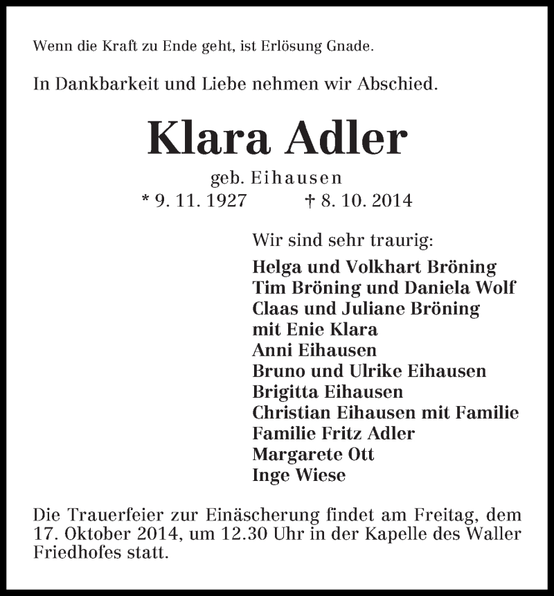 Traueranzeige von Klara Adler von WESER-KURIER