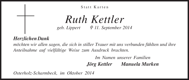 Traueranzeige von Ruth Kettler von Osterholzer Kreisblatt
