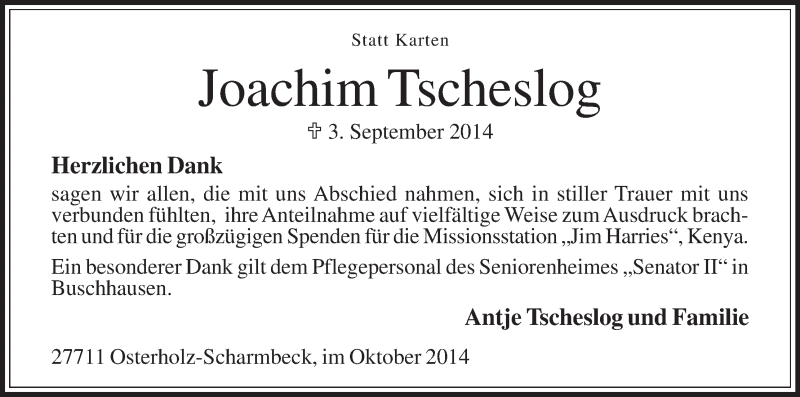 Traueranzeige von Joachim Tscheslog von Osterholzer Kreisblatt