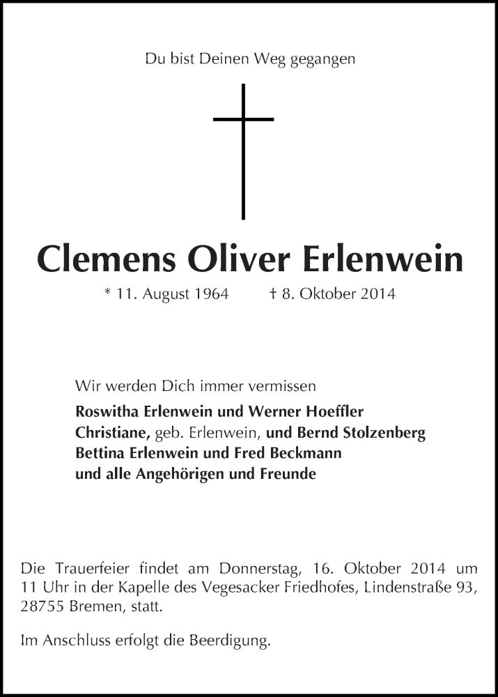  Traueranzeige für Clemens Oliver Erlenwein vom 11.10.2014 aus WESER-KURIER