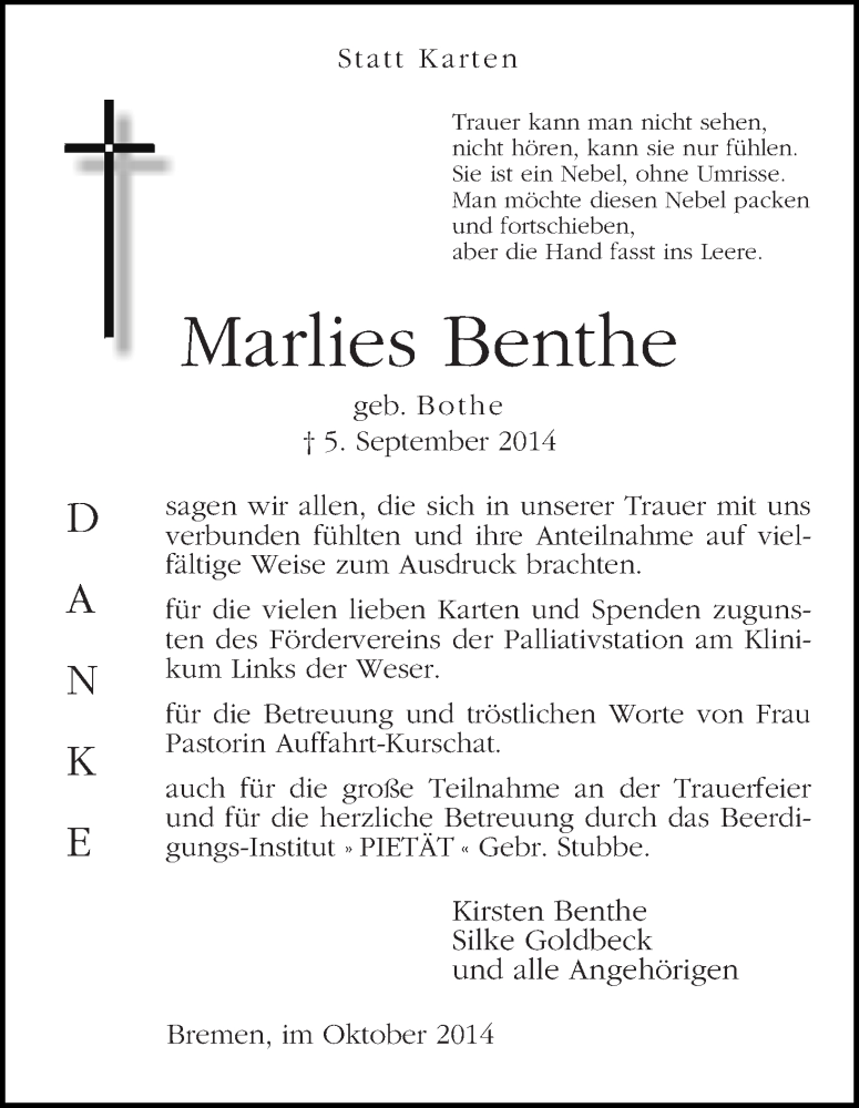 Traueranzeige von Marlies Benthe von WESER-KURIER