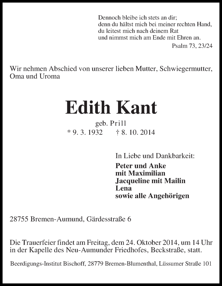 Traueranzeige von Edith Kant von Die Norddeutsche