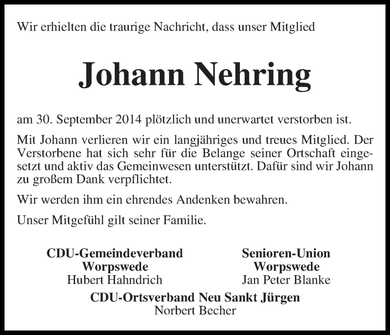 Traueranzeige von Johann Nehring von Wuemme Zeitung