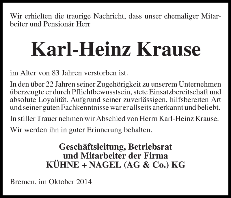 Traueranzeige von Karl-Heinz Krause von WESER-KURIER
