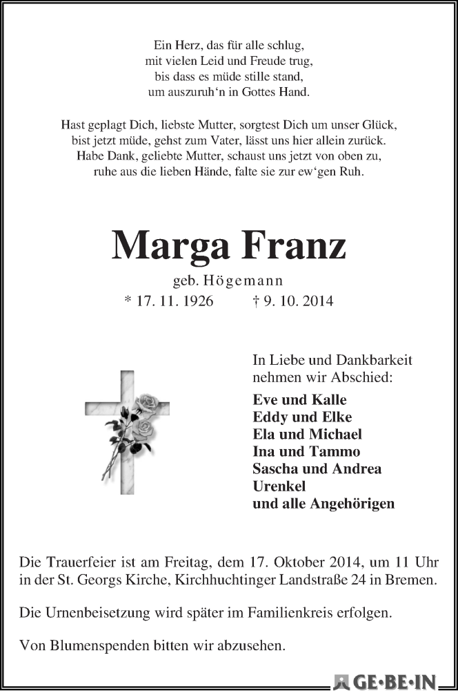 Traueranzeige von Marga Franz von WESER-KURIER