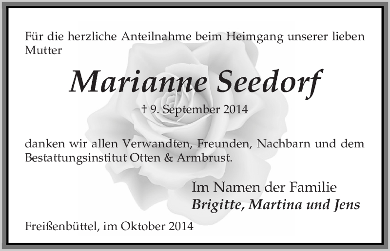 Traueranzeige von Marianne Seedorf von Osterholzer Kreisblatt