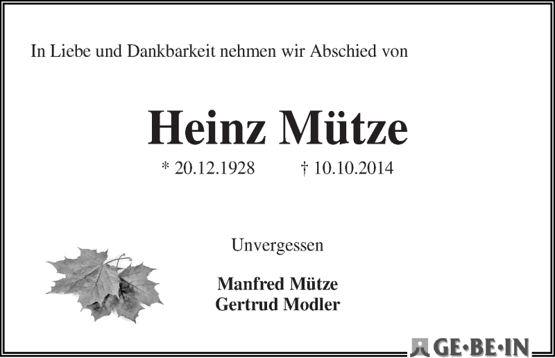 Traueranzeige von Heinz Mütze von WESER-KURIER
