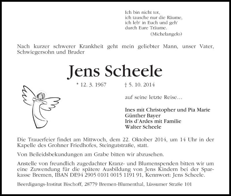  Traueranzeige für Jens Scheele vom 15.10.2014 aus Die Norddeutsche