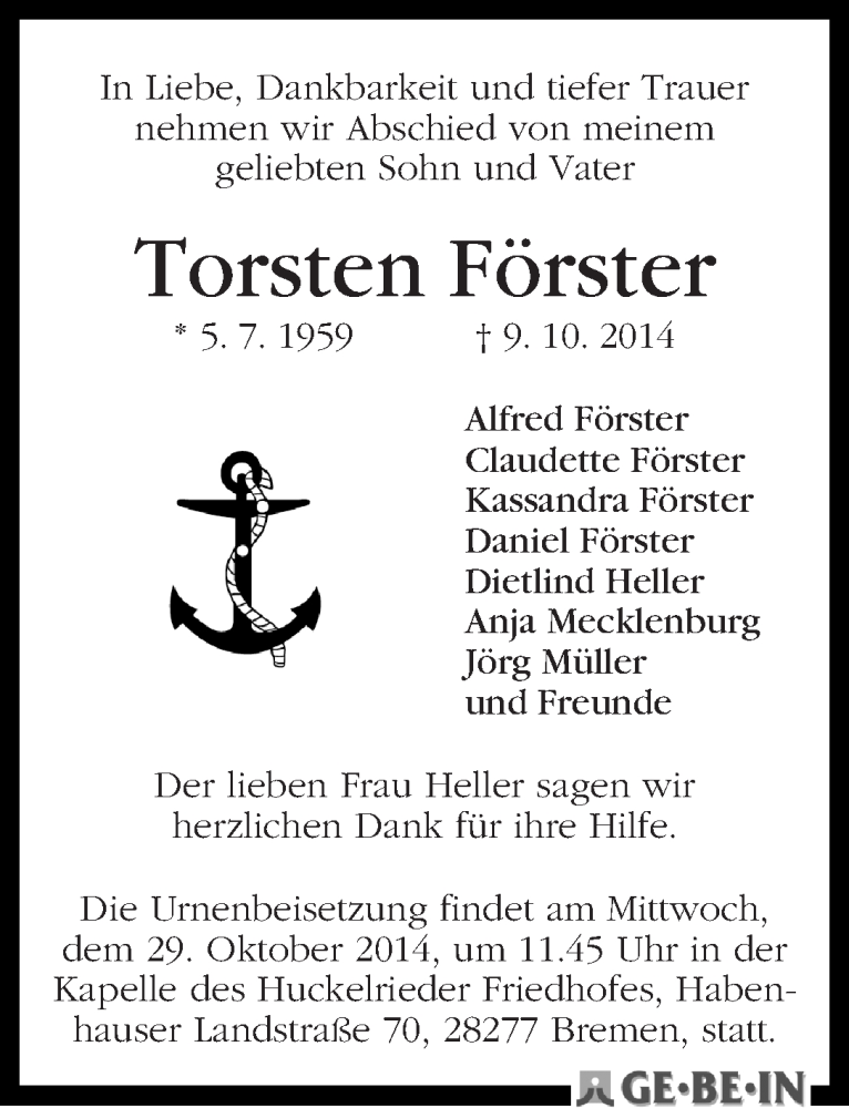  Traueranzeige für Torsten Förster vom 18.10.2014 aus WESER-KURIER