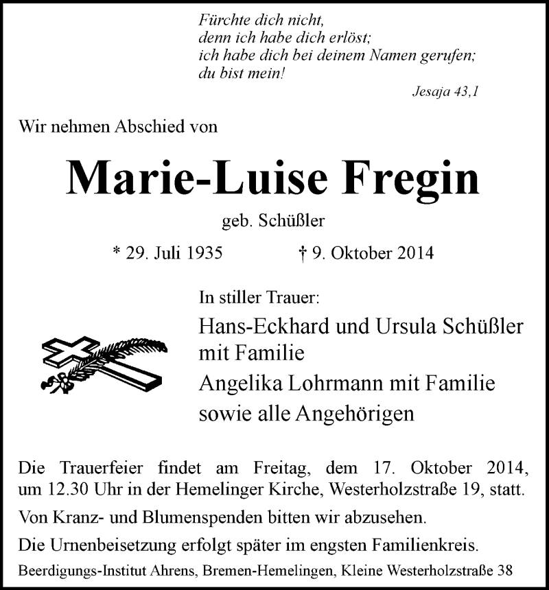 Traueranzeige von Marie-Luise Fregin von WESER-KURIER