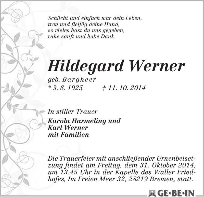 Traueranzeige von Hildegard Werner von WESER-KURIER