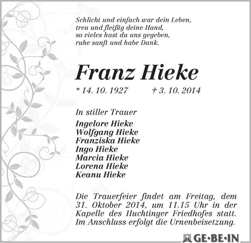 Traueranzeige von Franz Hieke von WESER-KURIER