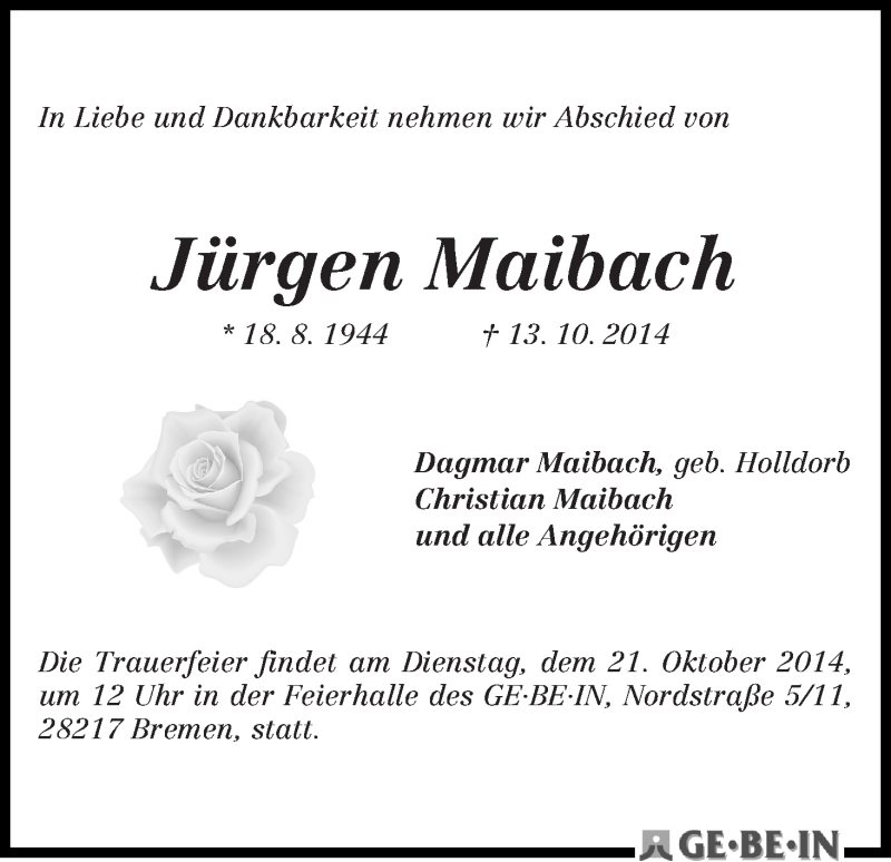 Traueranzeige von Jürgen Maibach von WESER-KURIER