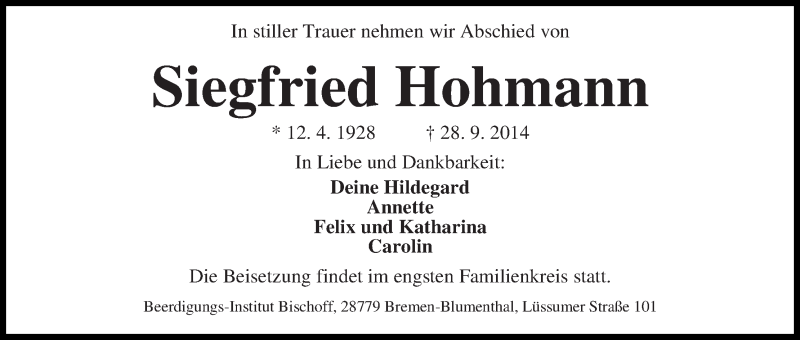  Traueranzeige für Siegfried Hohmann vom 16.10.2014 aus Die Norddeutsche