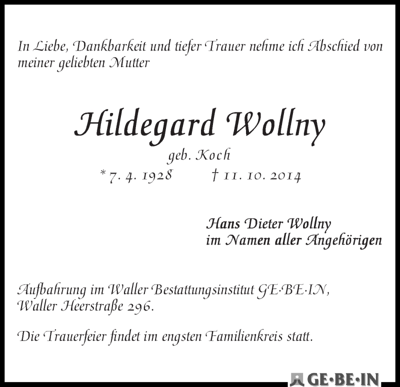 Traueranzeige von Hildegard Wollny von WESER-KURIER