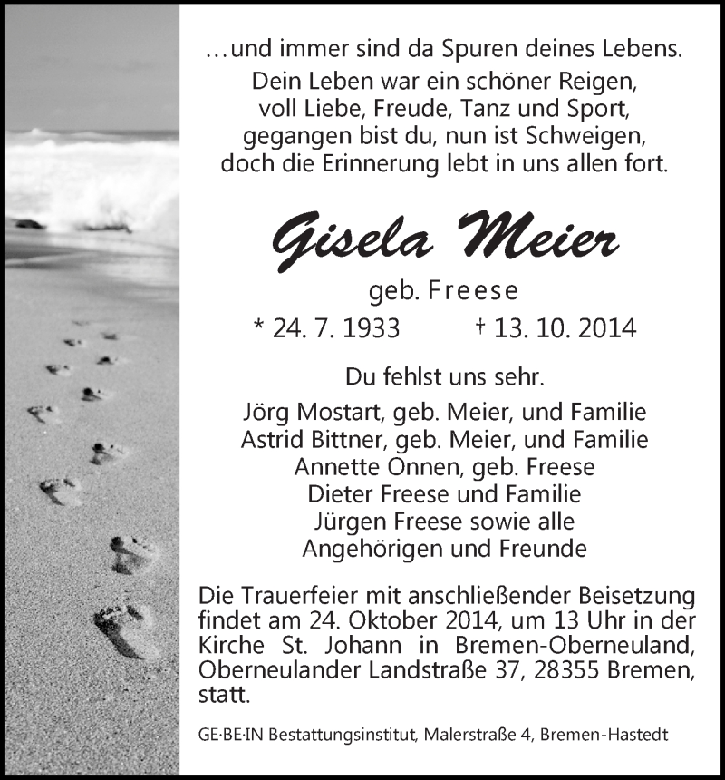 Traueranzeige von Gisela Meier von WESER-KURIER