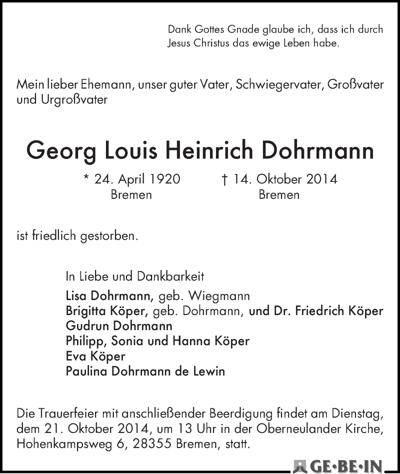 Traueranzeige von Georg Louis Heinrich Dohrmann von WESER-KURIER