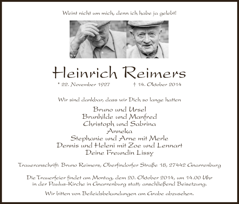  Traueranzeige für Heinrich Reimers vom 17.10.2014 aus Osterholzer Kreisblatt