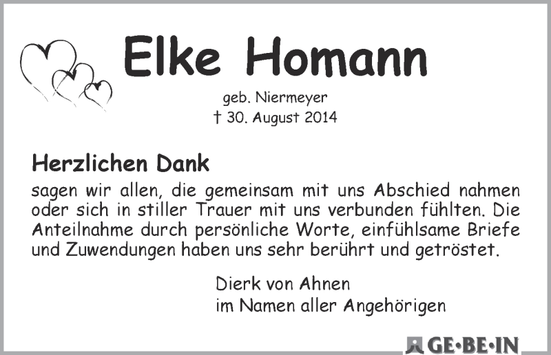 Traueranzeige von Elke Homann von WESER-KURIER