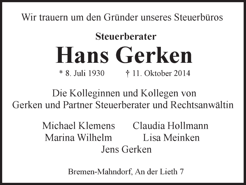 Traueranzeige von Hans Gerken von WESER-KURIER