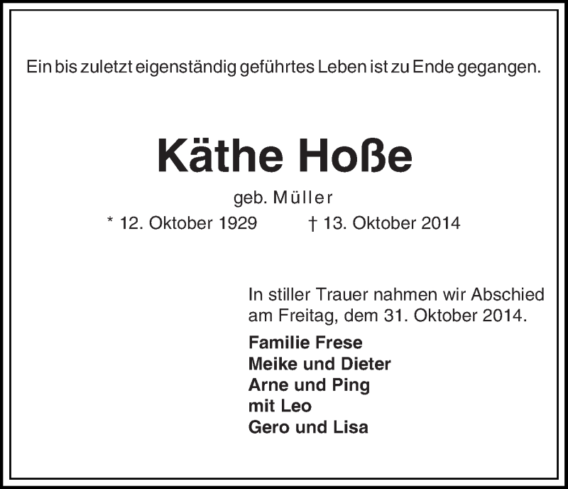 Traueranzeige von Käthe Hoße von WESER-KURIER