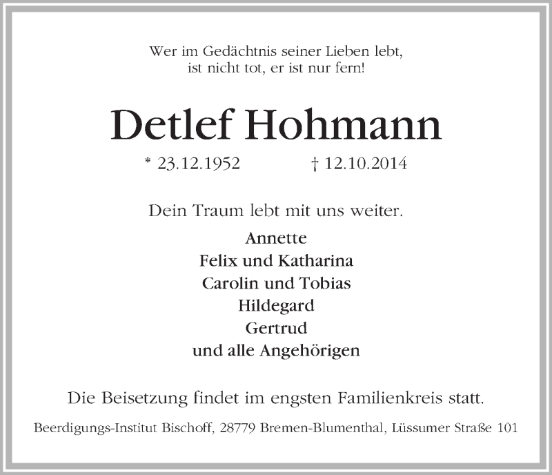 Traueranzeige von Detlef Hohmann von Die Norddeutsche