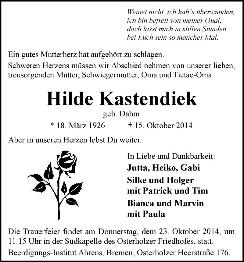  Traueranzeige für Hilde Kastendiek vom 18.10.2014 aus WESER-KURIER