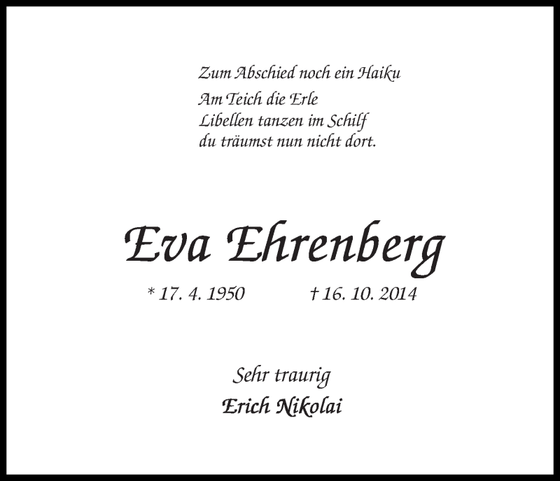  Traueranzeige für Eva Ehrenberg vom 18.10.2014 aus WESER-KURIER