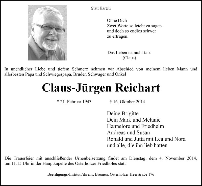  Traueranzeige für Claus-Jürgen Reichart vom 18.10.2014 aus WESER-KURIER