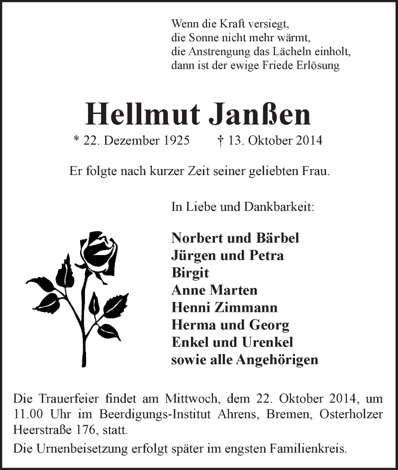 Traueranzeige von Hellmut Janßen von WESER-KURIER