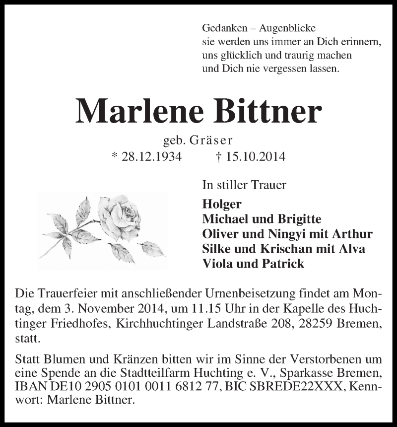 Traueranzeige von Marlene Bittner von WESER-KURIER