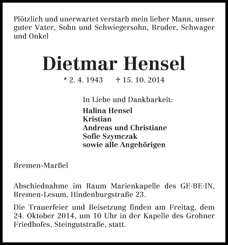 Traueranzeige von Dietmar Hensel von Die Norddeutsche